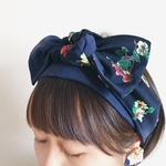 【柄×無地】navy flower× navy/ネイビー花柄/リボンターバン ヘアバンド