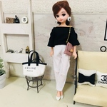 リカちゃん服♡黒袖ギャザートップス＆白ダメージデニムテーパードパンツ＆ピンクチェーンバッグ♡リアルクローズ  