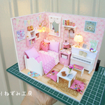 【受注制作】あかりの灯るピンクのお部屋★LED電池付・光るミニチュア・完成品★1/24・ドールハウス・ジオラマ・ライト