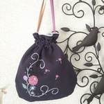 ちょ～どいい刺繍巾着★お花×グレーパープル きんちゃく袋 刺繍