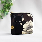 L字ファスナー ミニ財布 　黒猫と牡丹  焦茶・コンパクト