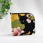 L字ファスナー ミニ財布 　黒猫と牡丹 山吹・コンパクト