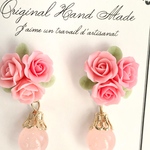 薔薇ブーケと天然石のイヤリング☆ピンクジェード