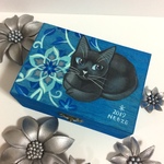 手描き 水色の黒猫の木箱 小物入れ 原画 手書き 猫 ネコ ねこ 絵 絵画 イラスト アート 