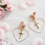 ハートフープ♡イヤリング　～薔薇とクロス～