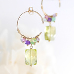  #711★スクエアーカットレモンクォーツとカラフル天然石のフープピアス14KGF 