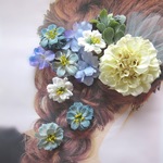 春フラワーお花が可愛い♡オフホワイトダリアとブルー紫陽花の髪飾り☆成人式　髪飾り 花飾り　袴　振袖　結婚式　浴衣 和装 ヘアアレンジ