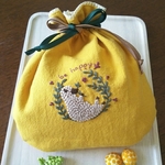 ちょ～どいい刺繍巾着★リラックスな羊×マスタード きんちゃく袋 刺繍