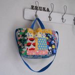 　♫　北欧風ランダムパッチ２WAYトートBAG　♫　花・さかな・クマ・綿麻青