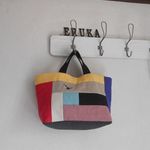 　シンプルリネンパッチ横長トートBAG　♫　カラフルリネン　ネコ　麻　刺繍