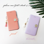 【iphone8/7/6/6S】手帳型ケース♥タッセルが選べる♥ゴールドスマイル シンプルレザー調 ストラップ付き ピンク/ラベンダー