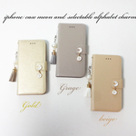 【iphone8/7/6/6S/SE2】手帳型ケース♥タッセルとイニシャルが選べる♥月チャーム シンプルレザー調 ストラップ付き ゴールド/グレージュ/ベージュ