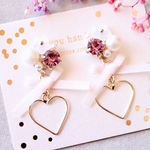 アメジストとハートリボン♡　ゆれるピアス/樹脂ノンホールピアス（イヤリング）