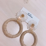麻フープ クリアお花ピアス イヤリング