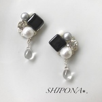 秋冬限定♫ モノトーンガラスタイルイヤリングorピアス ブラック