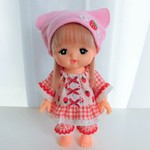 ★メルちゃんサイズ★パジャマ3点セット★イチゴ柄　赤チェック★