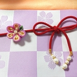 ~花＊つまみ細工(桃紫)【帯留め&飾り紐セット】