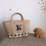 ＊0827mama様専用＊麻ひも＊ギンガ＊ムチェックのイニシャルトートバッグ＊デニムブルー＊