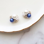 上品 スワロフスキーパール ダークブルー クリア ビジュー パーティー イヤリング ピアス 結婚式 ウエディング サムシングブルー 青 