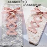 iPhone ケース ピンク リボン レース パール ハンドメイド