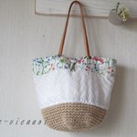 paul様ご注文品　ボタニカル リバティ野の花&葉っぱレース*パッチワーク麻ひも かごバッグ本革ショルダー　ゆかたに