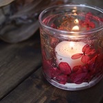 Happy Flower glass candle Bewitching（キャンドルホルダー/ハンドメイドキャンドル/ソイキャンドル/紫陽花/かすみ草/紅色）