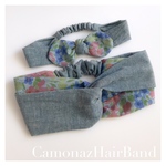 【送料無料】親子ペア♪水色ダンガリー×春の花柄 ヘアバンド    ターバン プレゼント  