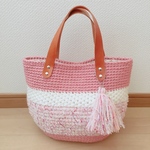 ★sale!!★革持ち手の麻ひもかごバッグ☆ストロベリーピンク☆
