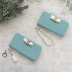レザー調手帳型スマホケース☆リボンモチーフ☆Phonoeケース☆スマホカバー☆ティファニーブルー ターコイズブルー