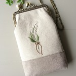  花の刺繍 がま口スマホポーチ すずらん コットンパール (コットンリネン)   