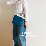 DENGLI.ミニショルダートートバッグ/tall/生成り×シアンブルー色/パラフィン加工帆布/撥水効果/長財布/折りたたみ傘/軽くて丈夫/犬のお散歩