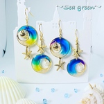 ～Sea green～海の欠片(サークルタイプ)  イヤリング可 樹脂ピアス 樹脂ノンホール 海 海の日 波 夏 パール 浜辺 ビーチ ヒトデ 深海  アシンメトリー 青 緑