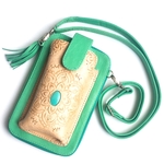 ボヘミアン 本革 レザー 長財布 ショルダー付(エメラルドグリーン×スマホケース) 財布  ウォレット パスポート入れ