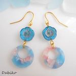上品ブルーフラワーマーブルピアス/イヤリング💕春夏のお洒落に