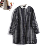リネン100％　チェック柄　ロングシャツ　シャツワンピース　紺色+グレー403-1