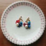 ★リボンとコットンパールのイヤリング★ブルー×オレンジ
