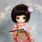 【おそろいきかく】　つまみ細工のドール用髪飾りとヘアピン（剣つまみ二重のお花・紫）