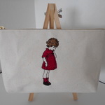 可愛いフランスの女の子刺繍の帆布のペンケースレッド　生成