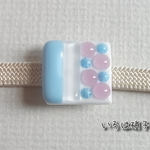 水色の花＋ピンク　たてじま　帯留め　再2