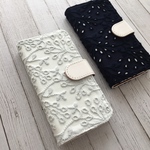   手帳型 ツリー刺繍レース iPhoneケース