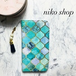 青色モロッカン柄  手帳型iPhoneケース