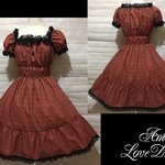 GW特別価格♪1点物*タータンチェック2段ティアードシャーリングワンピース★赤タータン×黒レース(即納品)