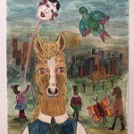 「都会の夕日と幸福」水彩原画作品額装付き