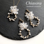 【セット】お花×小枝のホワイトリース イヤリング/ピアス＆ネックレス〜結婚式･お呼ばれ･花嫁･パール･小枝