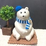 しろくま貯金箱 ボーダースカーフとベレー帽【ブルー】
