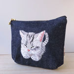 おひるねねこ刺繍　ポケットティッシュポーチ　デニム