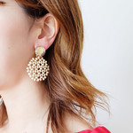 【 Amelie-90N 】ドイツ製クリアカボションとウッドモチーフのイヤリング・ピアス・樹脂ピアス