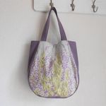 　♫　ミモザ　パープルプリント　肩掛け　U型BAG　♫　綿麻　紫色
