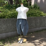 ブルーグリーンの綿麻のサルエルパンツ