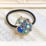 ●cs●八重咲紫陽花っぽい青いお花のへアゴム●琉球ガラス●